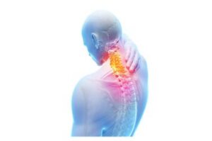 A 3D anatomical illustration of a human figure holding the back of their neck, with the cervical spine glowing red and yellow to indicate neck pain or inflammation.
